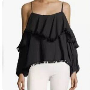 MISA- NEW- Billowy Boho Blouse with Pom Pom Trim and Cold Shoulder Sleeves